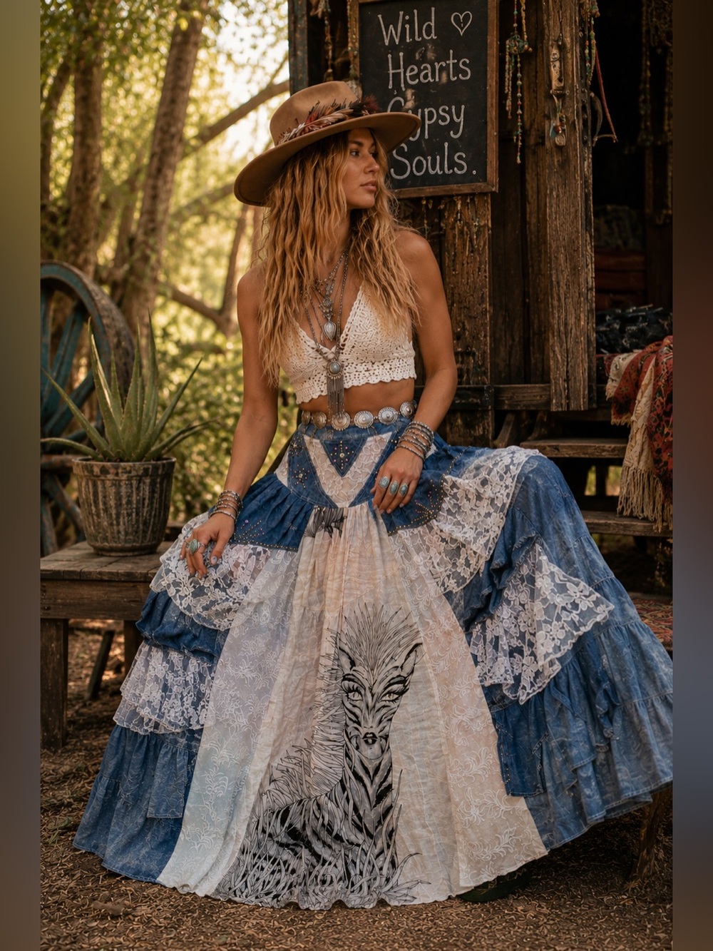 Handmade Wearable Art Zebra Woman Denim Lace Patchwork Maxi Skirt Boho M Gypsy - Picture 3 of 14